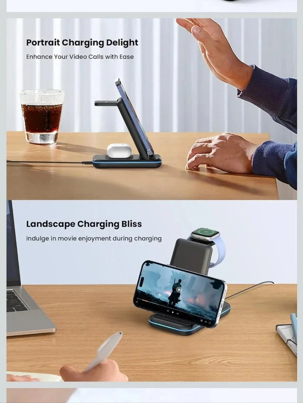 Black Universal Wireless Charging Stand with USB Cable and Wall Adapter